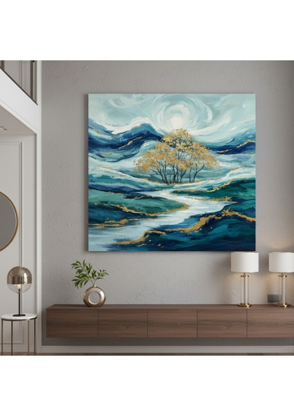 Modern Soyut Manzara Tablo – Mavi ve Beyaz Tonlarda Ağaç ve Doğa Temalı Kanvas Duvar Dekoru modelleri