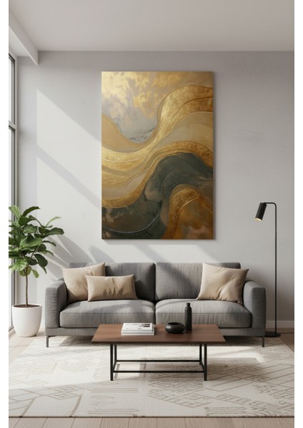 Altın Işıltılı Gri Dalgalı Soyut Kanvas Tablo | Modern Salon Duvar Dekoru
