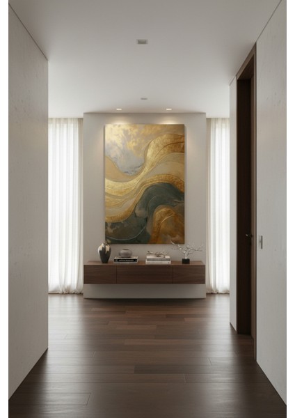 Altın Işıltılı Gri Dalgalı Soyut Kanvas Tablo | Modern Salon Duvar Dekoru fiyatları