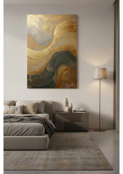 Altın Işıltılı Gri Dalgalı Soyut Kanvas Tablo | Modern Salon Duvar Dekoru modelleri