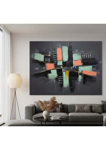 Modern Soyut Kanvas Tablo | Gri Zemin Üzerine Geometrik Şehir Tablosu | Salon ve Ofis Tablo