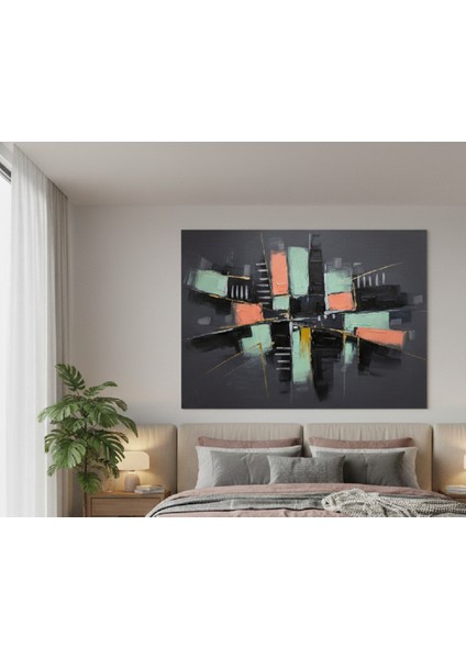 Modern Soyut Kanvas Tablo | Gri Zemin Üzerine Geometrik Şehir Tablosu | Salon ve Ofis Tablo fiyatları