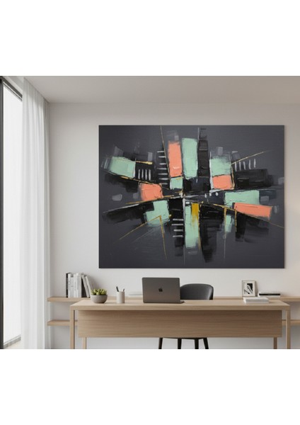 Modern Soyut Kanvas Tablo | Gri Zemin Üzerine Geometrik Şehir Tablosu | Salon ve Ofis Tablo modelleri