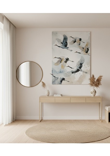 Beyaz Turna Kuşları Suluboya Görünümlü Modern Kanvas Tablo modelleri