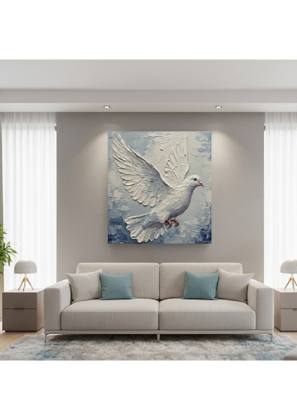 Modern Tablo,3d, Kabartma Efekt, Beyaz Güvercin Motifli Huzur Veren Rölyef Doku Efektli Kanvas Tablo