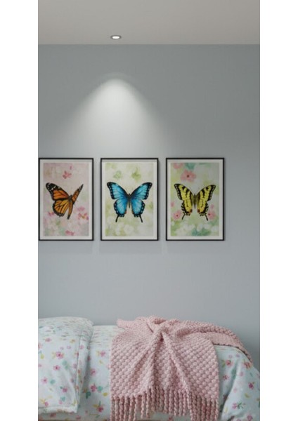 3'lü Canlı Renklerde Kelebek Çerçeveli Tablo Seti | Kelebek Bahçesi Temalı Yatak Odası Tablosu fiyatları