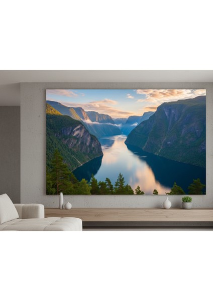 Görkemli Norveç Fiyort Manzaralı Kanvas Tablo | Iskandinav Dağları ve Göl Tablosu
