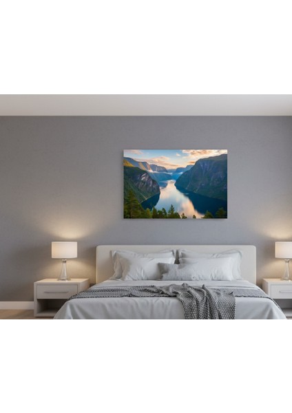 Görkemli Norveç Fiyort Manzaralı Kanvas Tablo | Iskandinav Dağları ve Göl Tablosu fiyatları