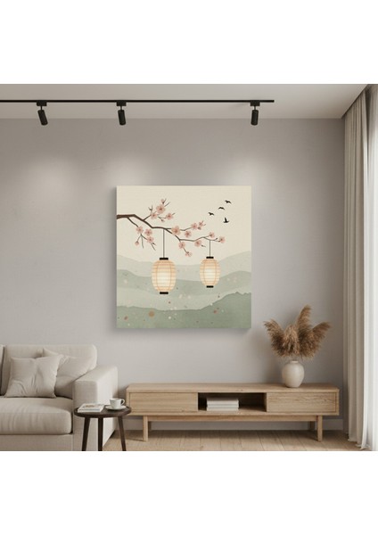 Japon Tarzı Sakura ve Fener Kanvas Tablo, Minimalist Zen Dekorasyonu Için Japon Feneri Tablosu