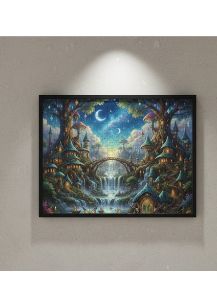 Sanatsal Çerçeveli Puzzle Tablo - Peri Masalı Diyarı Manzarası Mavi Yapboz Tablo Çerçeveli 50X35CM