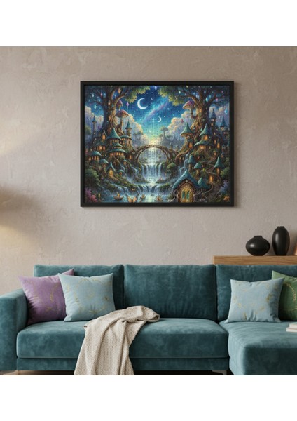 Sanatsal Çerçeveli Puzzle Tablo - Peri Masalı Diyarı Manzarası Mavi Yapboz Tablo Çerçeveli 50X35CM fiyatları