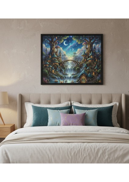 Sanatsal Çerçeveli Puzzle Tablo - Peri Masalı Diyarı Manzarası Mavi Yapboz Tablo Çerçeveli 50X35CM modelleri