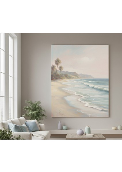 Pastel Tonlarda Huzurlu Palmiye Ağaçlı Plaj Manzarası Kanvas Tablo | Yağlı Boya Efektli Tablo