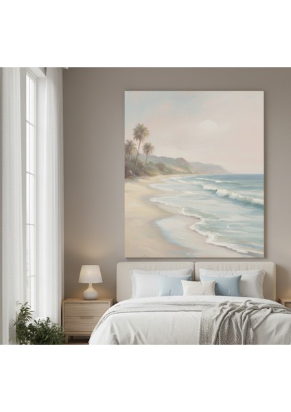 Pastel Tonlarda Huzurlu Palmiye Ağaçlı Plaj Manzarası Kanvas Tablo | Yağlı Boya Efektli Tablo fiyatları