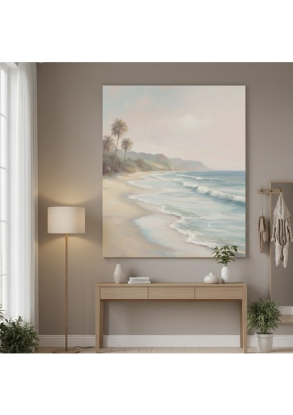Pastel Tonlarda Huzurlu Palmiye Ağaçlı Plaj Manzarası Kanvas Tablo | Yağlı Boya Efektli Tablo modelleri