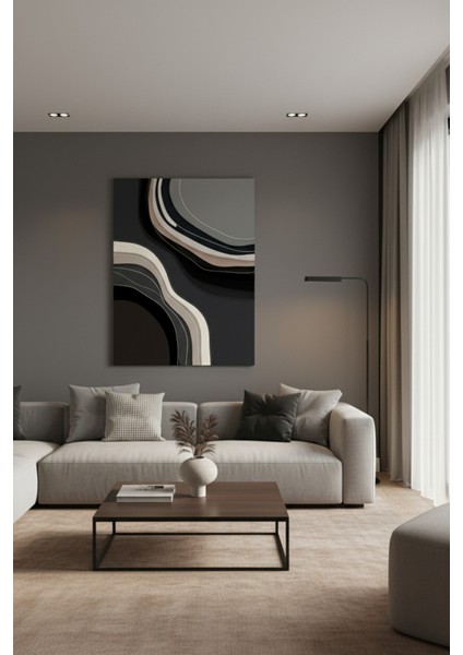 Modern Soyut Dalgalar - Minimalist Siyah Beyaz ve Bej Kanvas Tablo