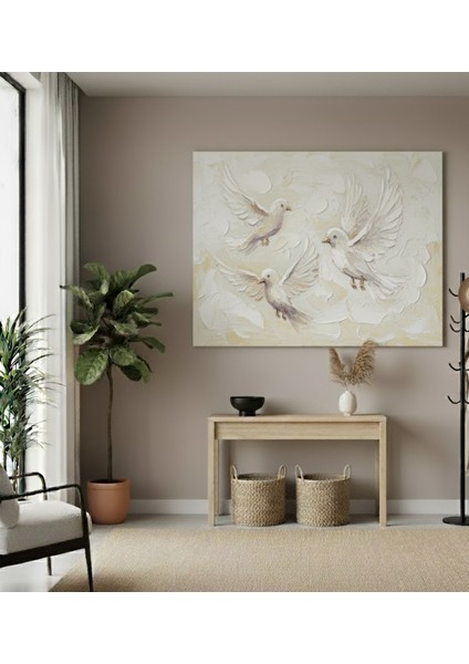 Doku Efektli Güvercinler Kanvas Tablo | Huzur Veren Pastel Tonlarda Yağlı Boya Efektli Tablo