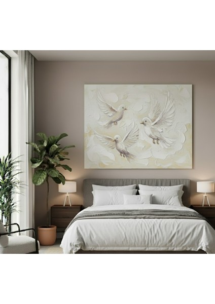 Doku Efektli Güvercinler Kanvas Tablo | Huzur Veren Pastel Tonlarda Yağlı Boya Efektli Tablo fiyatları