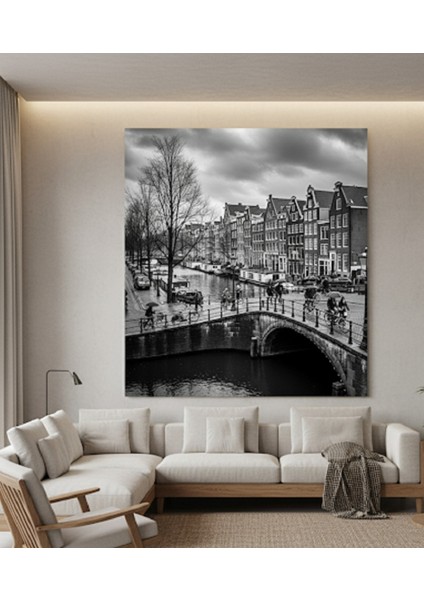 Siyah Beyaz Amsterdam Kanvas Tablo, Şehir Manzarası Kanvas Tablo,modern Siyah Beyaz Tablo fiyatları