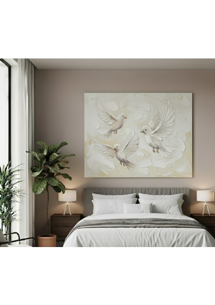 Doku Efektli Güvercinler Kanvas Tablo | Huzur Veren Pastel Tonlarda Yağlı Boya Efektli Tablo modelleri