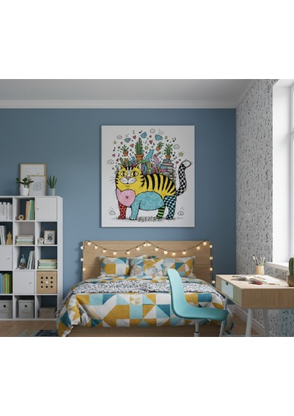 Rengarenk Kedi Kanvas Tablo | Neşeli ve Eğlenceli Kedi Illüstrasyonu Çocuk ve Genç Odası Dekorasyonu fiyatları