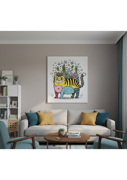 Rengarenk Kedi Kanvas Tablo | Neşeli ve Eğlenceli Kedi Illüstrasyonu Çocuk ve Genç Odası Dekorasyonu modelleri