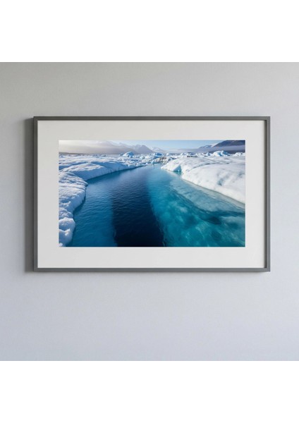Buzul Gölü ve Turkuaz Su Çerçeveli Tablo | Arktik Manzaralı Mavi Beyaz Tonlarda Tablo