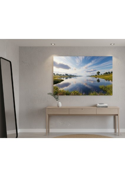 Huzur Veren Nehir Manzarası Kanvas Tablo | Bahar Çiçekleri ve Mavi Gökyüzü Temalı Tablo