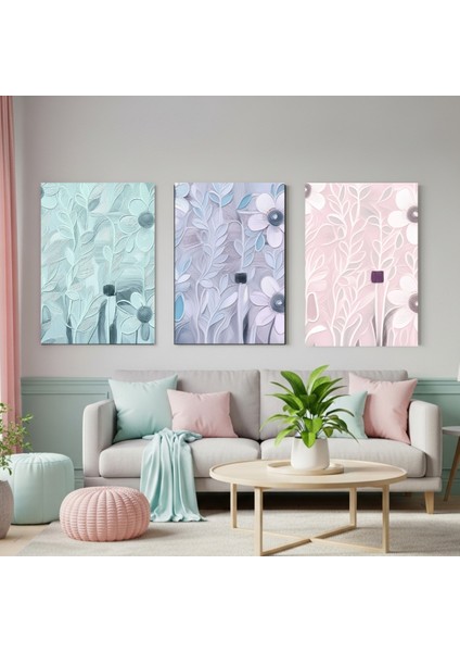 Yağlı Boya Efektli 3'lü Pastel Tonlarda Minimalist Çiçekli Kanvas Tablo, Modern Romantik Tablo