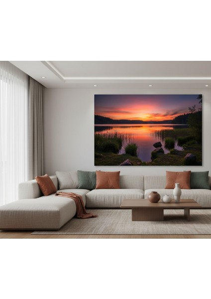 Göl ve Orman Manzaralı Kanvas Tablo | Turuncu ve Mor Tonlarda Huzur Veren Gün Batımı Tablo