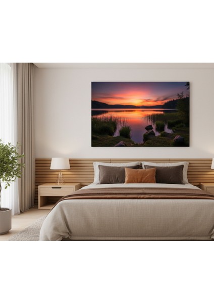 Göl ve Orman Manzaralı Kanvas Tablo | Turuncu ve Mor Tonlarda Huzur Veren Gün Batımı Tablo fiyatları