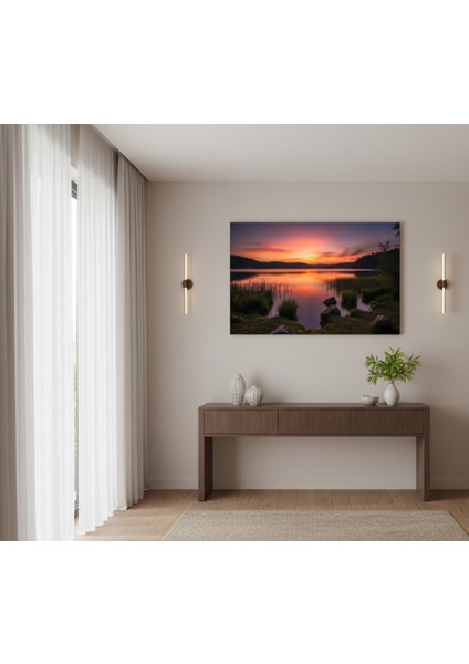 Göl ve Orman Manzaralı Kanvas Tablo | Turuncu ve Mor Tonlarda Huzur Veren Gün Batımı Tablo modelleri