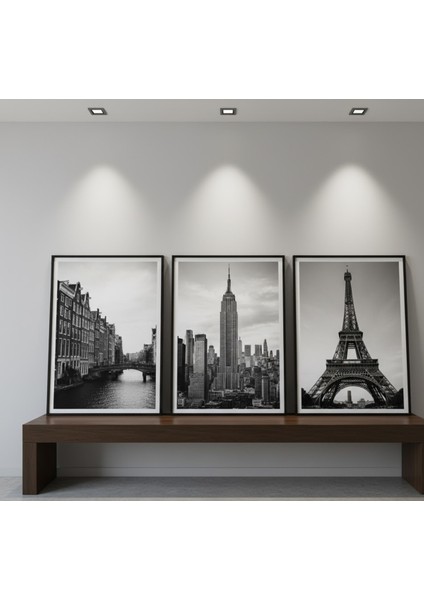 Amsterdam, New York, Paris 3'lü Siyah Beyaz Çerçeveli Tablo Seti