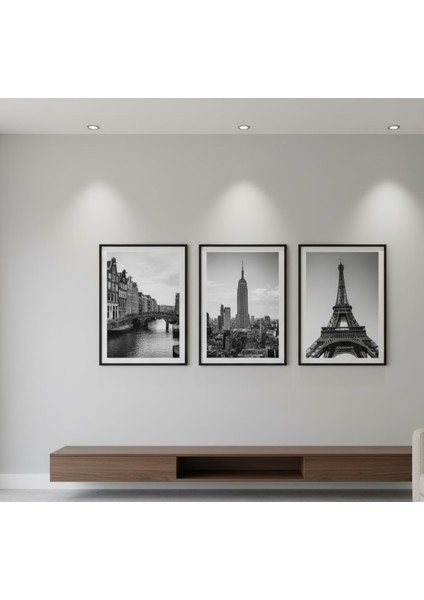 Amsterdam, New York, Paris 3'lü Siyah Beyaz Çerçeveli Tablo Seti fiyatları