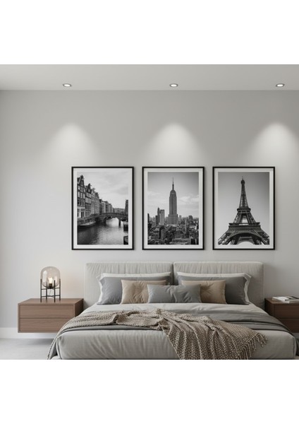 Amsterdam, New York, Paris 3'lü Siyah Beyaz Çerçeveli Tablo Seti modelleri