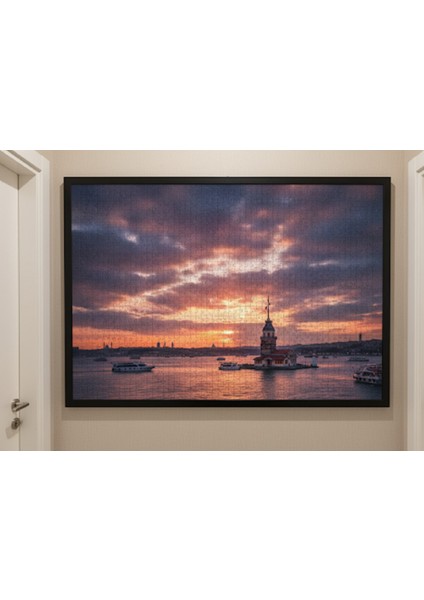 Istanbul Manzaralı Çerçeveli Puzzle Tablo (500 Parça): Gün Batımında Kız Kulesi ve Şehir Silüeti,