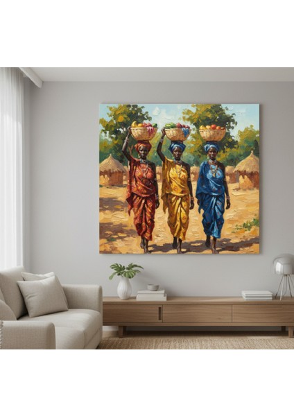 Renkli Afrika Kadınları Tablo, Yağlboya Efektli Renkli Etnik Dekorasyon Kanvas Tablosu