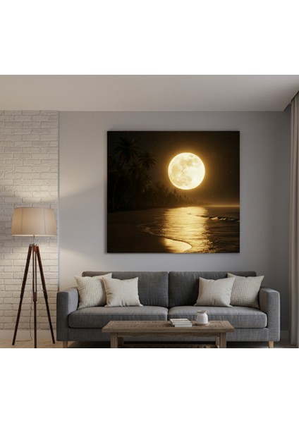 Dolunay Plajı Kanvas Tablo | Ay Işığı Yansıması ve Palmiyeler Duvar Dekoru,gece Manzarası Tablo
