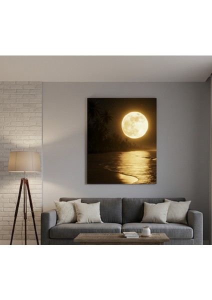 Dolunay Plajı Kanvas Tablo | Ay Işığı Yansıması ve Palmiyeler Duvar Dekoru,gece Manzarası Tablo fiyatları