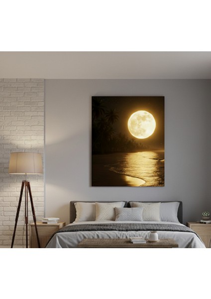 Dolunay Plajı Kanvas Tablo | Ay Işığı Yansıması ve Palmiyeler Duvar Dekoru,gece Manzarası Tablo modelleri