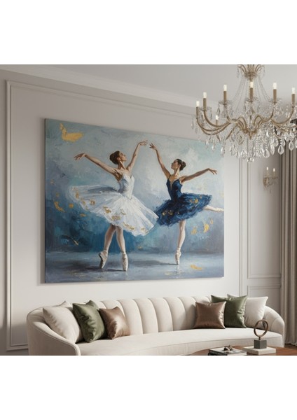Lüks Dekorasyon: Ikili Balerin Figürlü Yağlı Boya Efektli Soyut Dans Tablosu