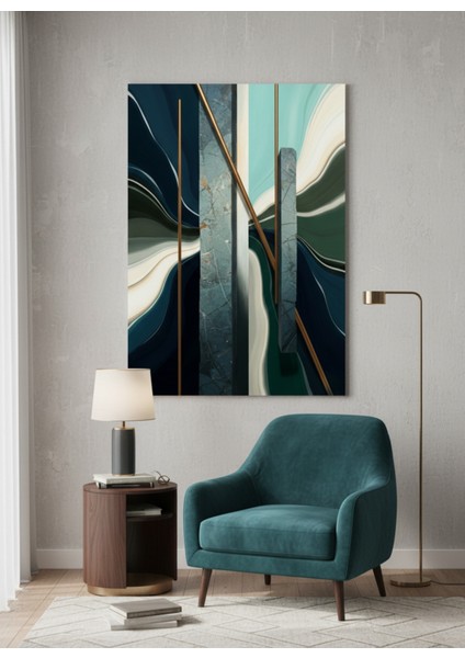 Premium Soyut Sanat Kanvas Tablo | Mavi Yeşil Beyaz Tonlar | Oturma Odası Duvar Dekoru