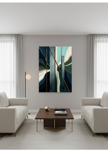 Premium Soyut Sanat Kanvas Tablo | Mavi Yeşil Beyaz Tonlar | Oturma Odası Duvar Dekoru fiyatları