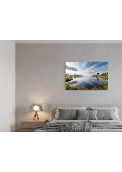 Huzur Veren Nehir Manzarası Kanvas Tablo | Bahar Çiçekleri ve Mavi Gökyüzü Temalı Tablo modelleri