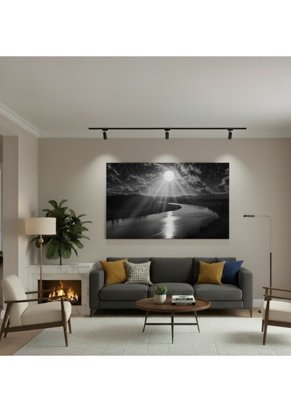 Siyah Beyaz Dolunay Nehir Kanvas Tablo, Siyah Beyaz Doğa Tablosu, Yıldızlı Gökyüzü Monokrom Tablo fiyatları