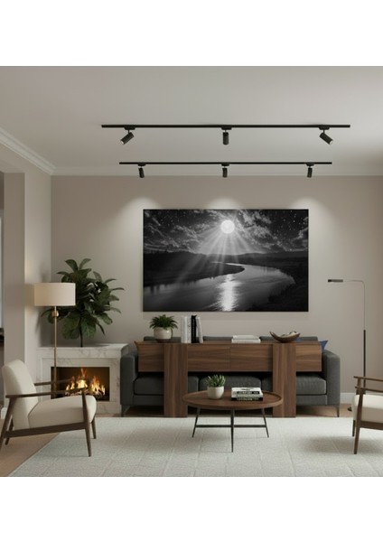 Siyah Beyaz Dolunay Nehir Kanvas Tablo, Siyah Beyaz Doğa Tablosu, Yıldızlı Gökyüzü Monokrom Tablo modelleri