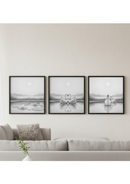 3 Parçalı Romantik Siyah Beyaz Çerçeveli Tablo Seti,modern Minimalist Kuğu Çifti 3'lü Tablo
