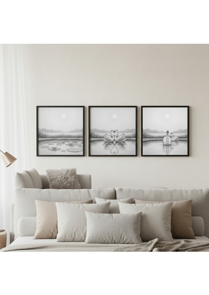 3 Parçalı Romantik Siyah Beyaz Çerçeveli Tablo Seti,modern Minimalist Kuğu Çifti 3'lü Tablo fiyatları