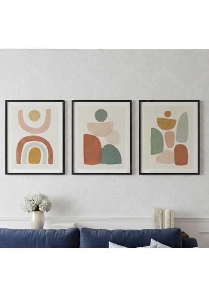 Siyah Çerçeveli 3'lü Bohem Soyut Formlar Tablo Seti, Salon ve Yatak Odası Modern Tablo Seti