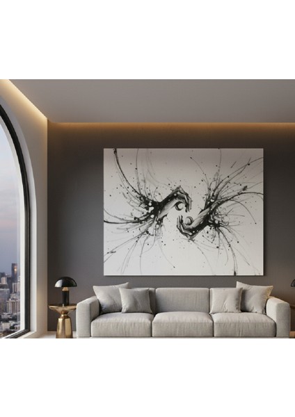 Siyah Beyaz Soyut Kanvas Tablo | Mürekkep Sıçratma (Ink Splatter) Efektli Grafik Duvar Sanatı fiyatları
